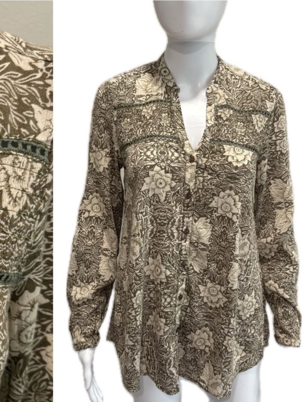 Sun & Shadow Floral Embroidered Long Sleeve Button Down Tunic Top Size Small